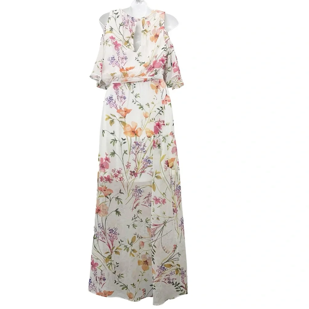 Calvin Klein flutter sleeve cold shoulder white floral chiffon maxi dress 12 - Picture 2 of 10